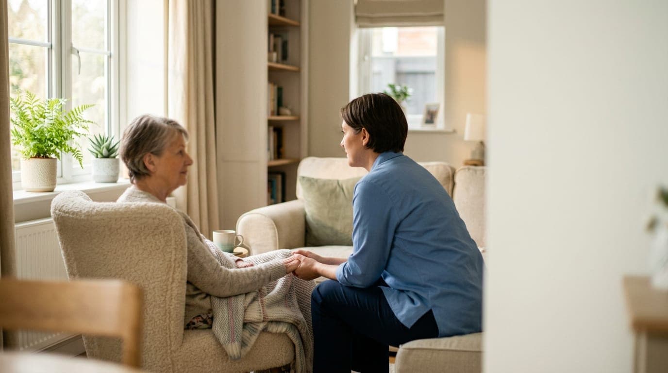 An in-home caregiver sits beside an older adult in a sunlit living room, both at ease, suggesting trust and comfortable care.