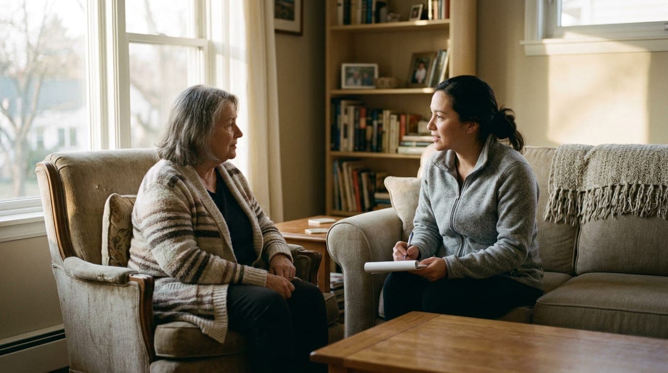 A caregiver and older adult sit together in a home living space, engaged in conversation, suggesting the care planning process.
